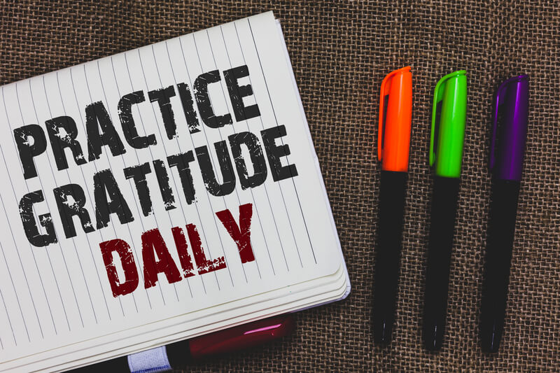 Text sign showing Practice Gratitude Daily. Conceptual photo be grateful to those who helped encouarged you Open notebook page jute background colorful markers Expressing ideas.